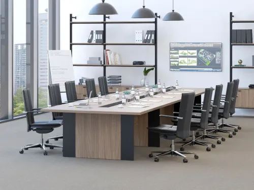 Bürotime toplantı masası, ofis sandalyeleri, sunum ekranı ve modern toplantı odası düzeniyle kurumsal ofisler için hazırlanmış toplantı alanı mobilyası görseli.