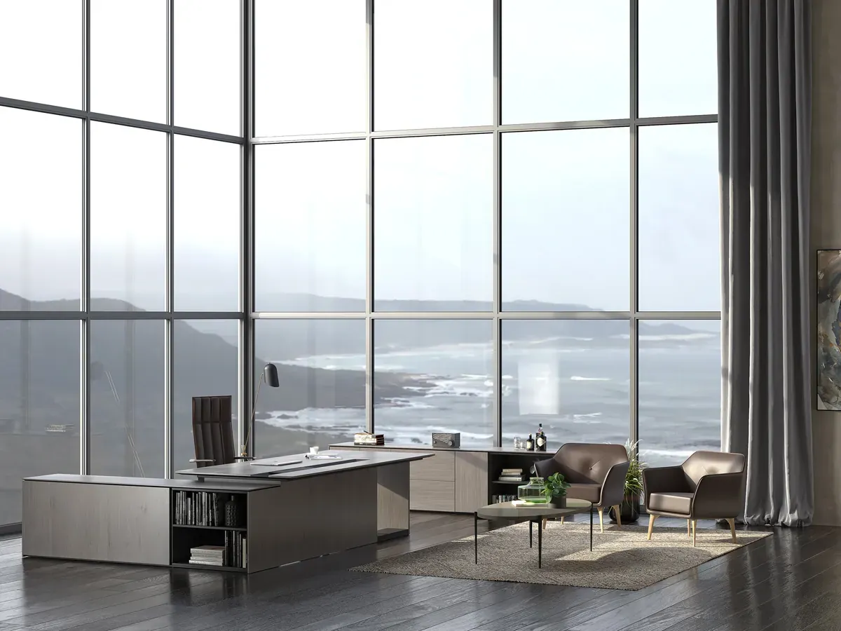Geniş yüzeyli lider masası, modüler dolaplar, lounge sehpası ve yönetici bekleme koltuklarıyla ETERNITY vizyoner bir ofis atmosferi sunar.