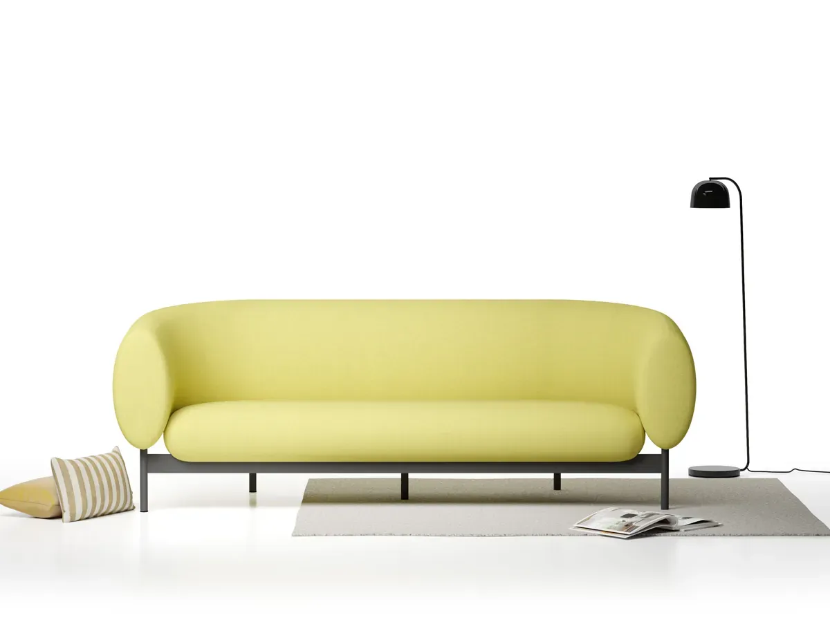 FAB üçlü kanepe limon yeşili kumaş, kavisli kol yapısı ve kontrast silüetiyle ofis bekleme koltuğu ve modern lobi oturma grubu için ergonomik ve davetkâr bir çözüm sunar. Sena FAB kalitesi ile makam ve yönetici misafir koltuğu konforu.