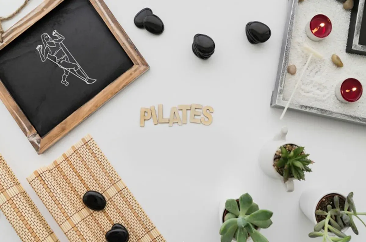 Pilates, beden dengesi, esneklik ve sağlıklı yaşam temasını yansıtan taşlar, bitkiler ve mumlarla hazırlanmış sakin blog görseli.