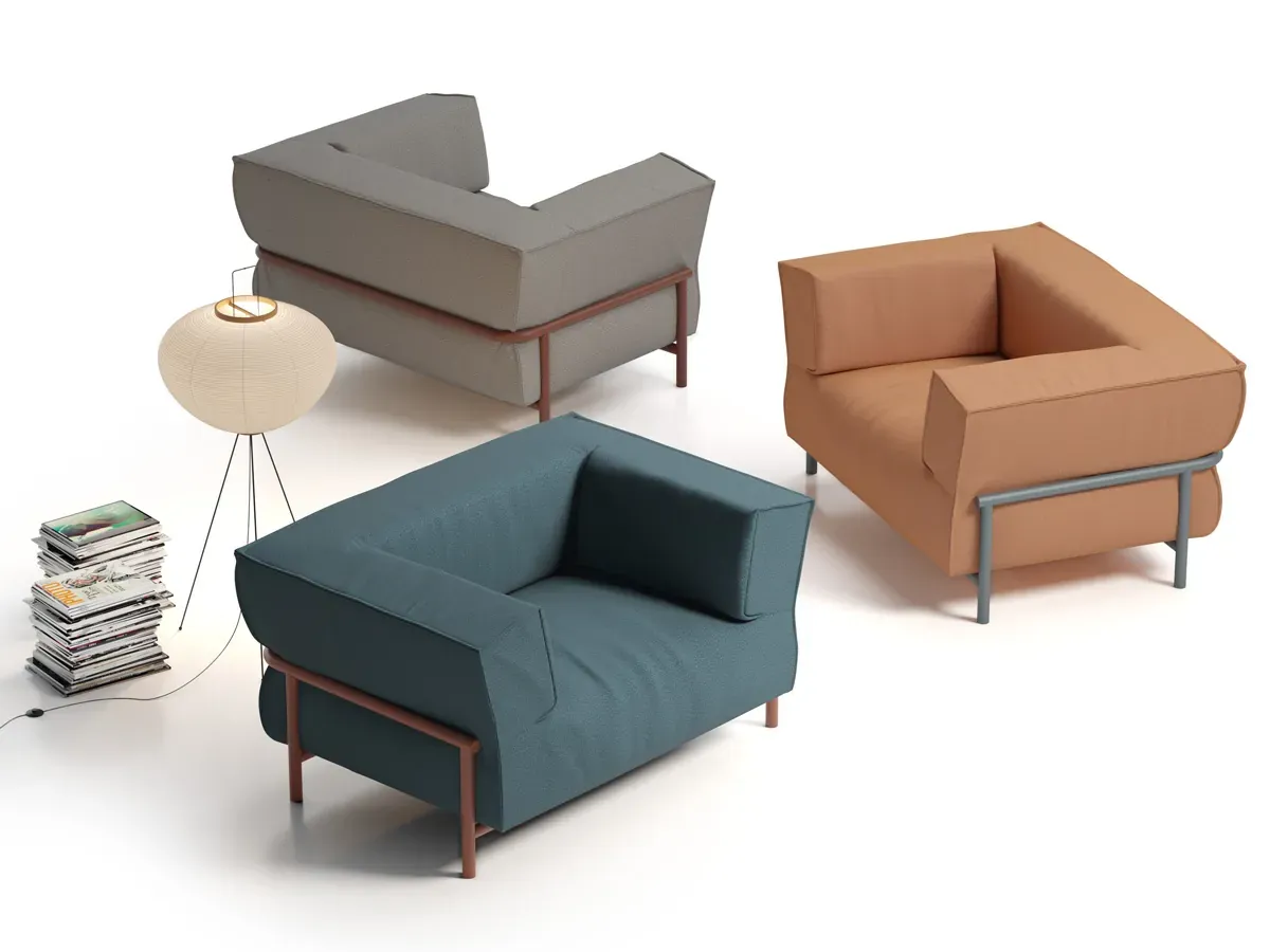 Sena MAYA modern lobi oturma grubu: gri, teal ve kahverengi tekli koltuklarla ofis lounge koltuğu ve modern bekleme alanı mobilyası konseptini dengeli ve zamansız bir şekilde tamamlar.