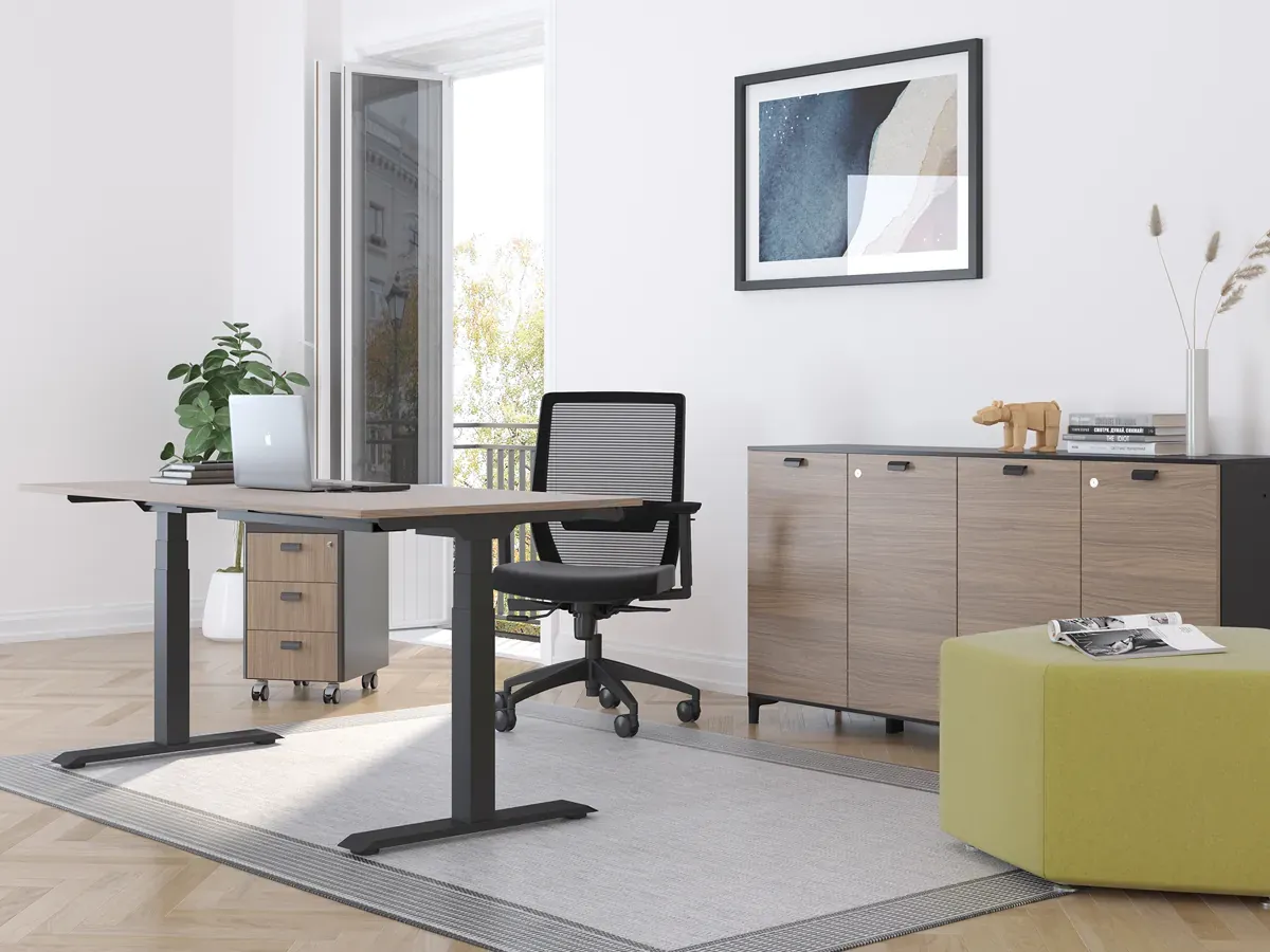 SET Home’un antrasit ayaklı yapısı, masa yüzeyi ve yan depolama ünitesiyle uzun saatler için ev çalışma masası kullanımını dengeli biçimde destekler.