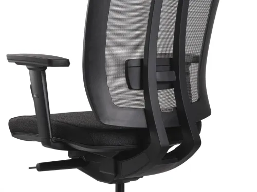 ASSIST 3D kolçaklı fileli ofis koltuğu, yakın planda ayarlanabilir bel desteği, siyah file sırt ve kolçak detaylarını teknik bir netlikle gösterir.