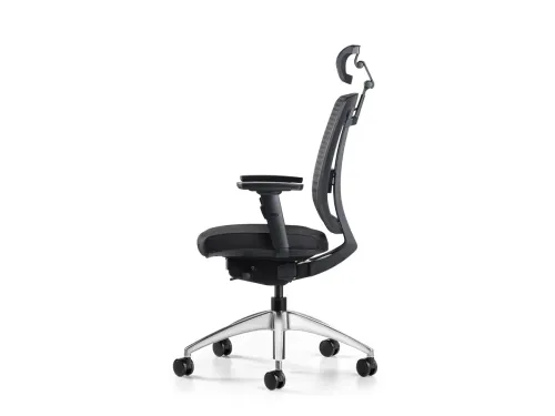 ASSIST ayarlanabilir başlıklı ofis koltuğu, tam yan profilde boyun desteği, file sırt eğrisi ve ergonomik oturum dengesini net şekilde gösterir.