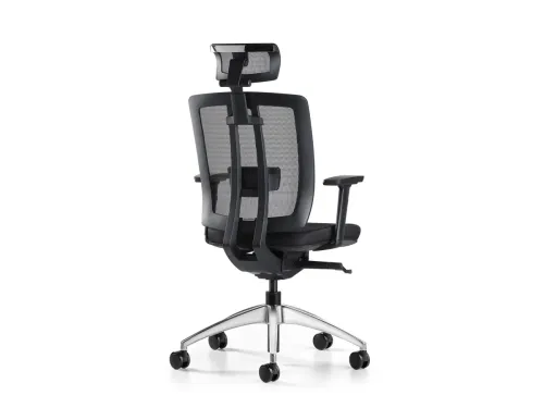 ASSIST başlıklı fileli yönetici koltuğu, arka yan görünümde ayarlanabilir bel desteği, 3D kolçak yapısı ve alüminyum ayaklı dengesiyle premium ergonomiyi gösterir.