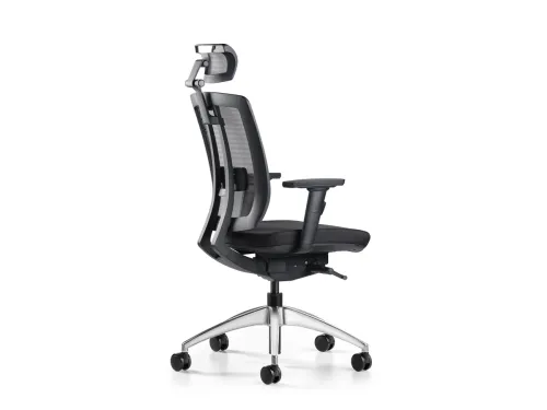 ASSIST yönetici ofis koltuğu, başlıklı yapısı, file sırtı, ayarlanabilir bel desteği ve alüminyum yıldız ayağıyla rafine bir ergonomik duruş sergiler.