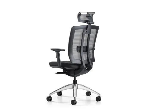 ASSIST yönetici ofis koltuğu, başlıklı yapısı, file sırtı, ayarlanabilir bel desteği ve alüminyum yıldız ayağıyla rafine bir ergonomik duruş sergiler.