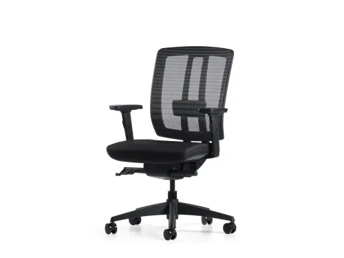 ASSIST siyah fileli ergonomik çalışma koltuğu, ön çapraz açıdan görünen dengeli oturum formu, ayarlanabilir destek yapısı ve sade siyah gövdesiyle profesyonel bir görünüm sunar.