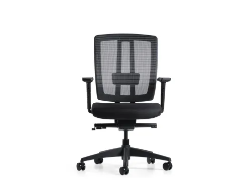 ASSIST siyah fileli operasyonel ofis koltuğu, ön görünümde 3D kolçakları, bel destekli file sırtı ve tekerlekli yapısıyla yoğun kullanıma uygun ergonomik bir ofis koltuğu çözümü sunar.