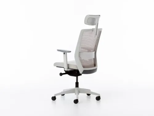 BOLD ergonomik yönetici koltuğu, arka açıdan görünen F701 gri file sırtı, açık gri plastik çerçevesi ve başlık desteğiyle çağdaş bir ofis koltuğu karakteri taşır.