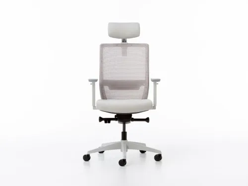 BOLD yönetici ofis koltuğu, açık gri plastik gövdesi, F701 gri file sırtı, açık gri oturumu ve başlıklı yapısıyla modern ofislerde dengeli ergonomi sunar.