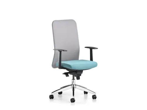 COMFY çalışma koltuğu, mavi tonlu oturumu ve ACT 28 gri sırt yapısıyla modern çalışma alanlarına ferah, hafif ve çağdaş bir kullanım hissi taşır.