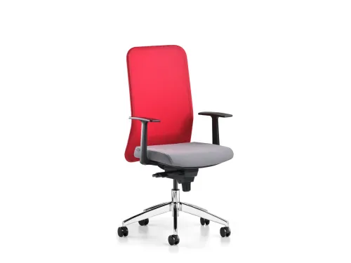 COMFY ergonomik ofis sandalyesi, ACT 03 kırmızı sırt yüzeyi ve gri oturumuyla modern çalışma koltuğu arayan alanlara enerjik bir denge taşır.
