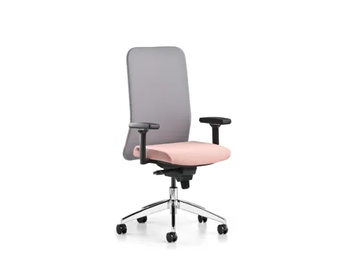 COMFY ofis sandalyesi, ACT 07 pembe oturumu ve ACT 28 gri sırt yüzeyiyle yalın tasarımlı ofis koltuğu çizgisini daha sıcak bir tonla tamamlar.