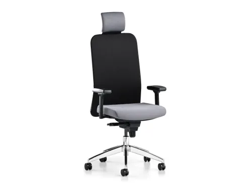 COMFY ACT 31 siyah yönetici koltuğu, başlıklı yapısı, koyu renk bütünlüğü ve alüminyum ayağıyla modern ofislerde net ve profesyonel bir duruş sergiler.