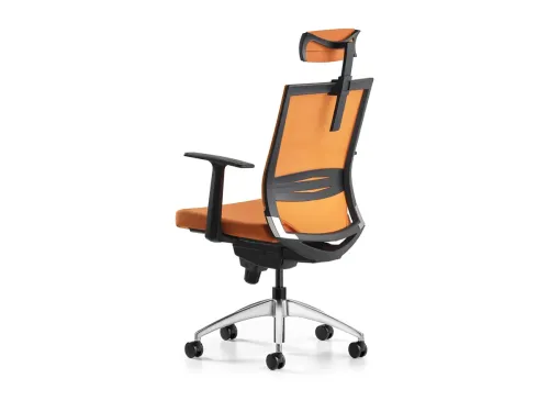 COZY başlıklı ofis koltuğu, turuncu oturum, turuncu başlık ve F504 file sırt yapısıyla güçlü ama dengeli bir yönetici alanı dili kurar.