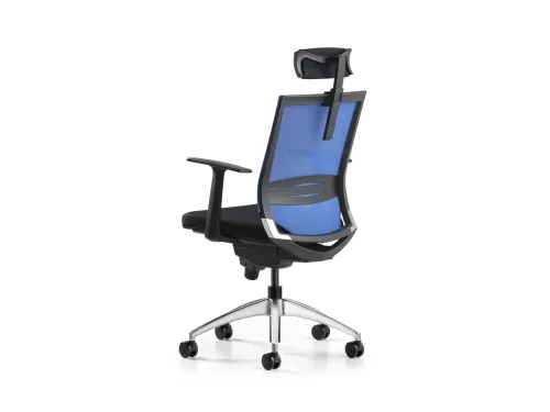COZY fileli ofis koltuğu, siyah oturum ve mavi file sırt yapısıyla nefes alabilen, ergonomik ve çağdaş bir çalışma koltuğu karakteri taşır.