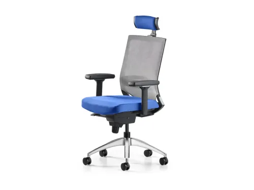 COZY modern çalışma koltuğu, BL2338 mavi oturumu, mavi başlığı ve F505 gri file sırtıyla yönetici alanlarında canlı ama dengeli bir konfor sunar.