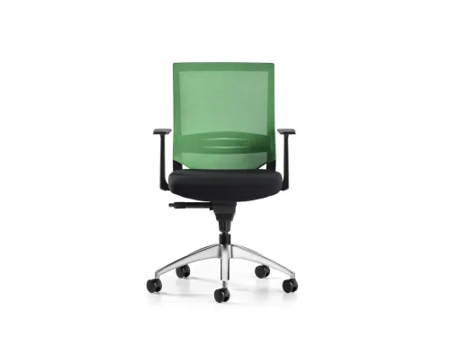 COZY modern çalışma koltuğu, F501 yeşil file sırtı, siyah oturumu ve alüminyum ayaklı yapısıyla rahat ofis koltuğu karakterini ferah bir renkle tamamlar.