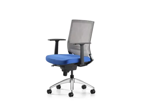 COZY modern ofis sandalyesi, FDR104 mavi oturum yüzeyi ve F505 gri file sırt yapısıyla nefes alabilen, çağdaş ve rahat bir ofis koltuğu görünümü taşır.