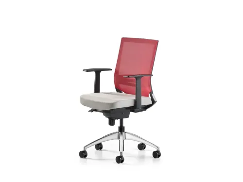 COZY ofis sandalyesi, FDR107 bej oturumu ve F502 kırmızı file sırtıyla çalışma alanlarına enerjik ama dengeli bir modern ofis koltuğu etkisi kazandırır.