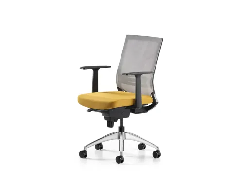COZY ofis sandalyesi, FDR109 sarı oturumu ve F505 gri file sırt yapısıyla çalışma alanlarında sıcak ama dengeli bir renk vurgusu oluşturur.