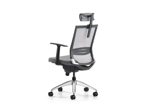 COZY ofis yönetici koltuğu, açık gri oturum ve F505 gri file sırt uyumuyla yalın, nefes alabilen ve dengeli bir çalışma alanı çözümü oluşturur.