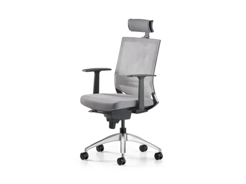 COZY yönetici koltuğu, BL2324 açık gri oturumu, gri başlık detayı ve F505 gri file sırtıyla sakin ve rafine bir ofis konforu sunar.
