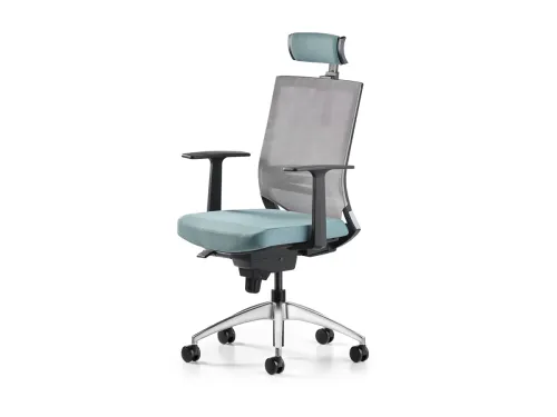 COZY yönetici ofis koltuğu, mint yeşili oturum ve başlık detayıyla gri file sırtı birleştirerek modern çalışma alanlarında yumuşak bir denge kurar.