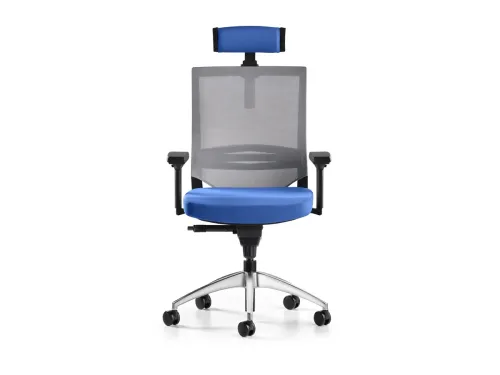 COZY yönetici ofis koltuğu, BL2338 mavi oturum ve başlık detayıyla F505 gri file sırtı birleştirerek çağdaş ofislerde ferah bir duruş oluşturur.