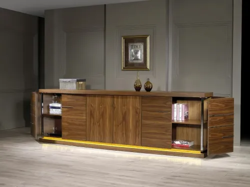 Craft VIP makam takımı konsol. Heykelsi ceviz yüzeyli ve katmanlı mimari ceviz masa modelleri – modern blok yapı ofis mobilyası ve zanaat işçiliği premium detaylar.