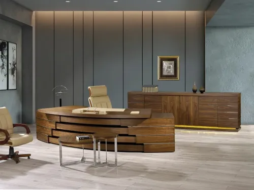 Craft VIP makam takımı katmanlı mimari ceviz masa modelleri, yönetici misafir koltuğu ve konsol ile tam ofis kurulum. Zanaat işçiliği premium makam takımı ve mimari ağırlık.
