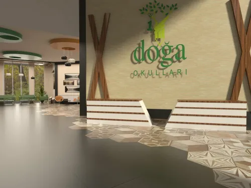 Doğa Koleji giriş alanında logo duvarı, geniş zemin kurgusu ve yeşil oturma detaylarıyla eğitim kurumuna modern bir karşılama atmosferi kazandırılır.