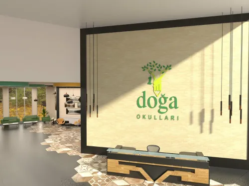 Doğa Koleji logo duvarı, karşılama bölümü ve modern iç mekân detaylarıyla eğitim kurumu girişine kurumsal ve ferah bir ilk izlenim kazandırır.