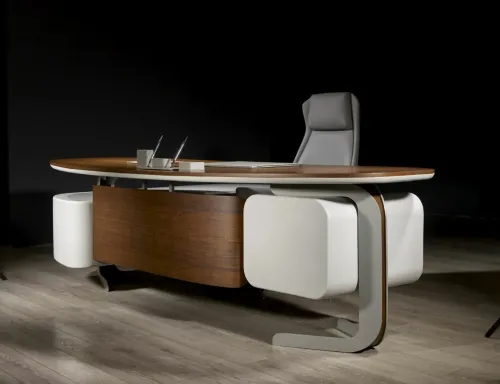DORA VIP ceviz oval masa, geniş ergonomik yüzeyi ve metal ayaklarıyla premium slim design executive desk ve elegant executive office desk dora olarak makam odalarına dingin bir ritim katar.