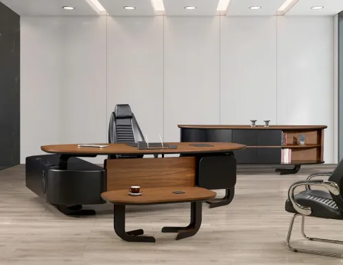 DORA VIP makam takımı, oval masa formu ve ceviz-metal kontrastıyla minimal çizgili ceviz makam masası ve premium slim design executive desk olarak liderlik alanlarına sakin güç katar.