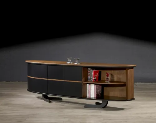 DORA VIP siyah konsol, oval yüzey ve ceviz-metal uyumuyla lüks minimal lake ceviz masa modeli ve minimal liderlik alanı mobilyaları kategorisinde güçlü bir duruş sergiler.