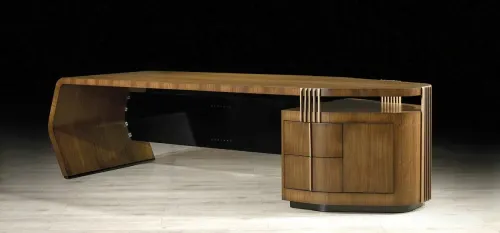 Dubai VIP makam takımı metal kanallı ceviz makam masası. Dikey ritimli gökdelen estetiği ile modern yönetici masası – mimari çizgiler ve premium ceviz yüzey.