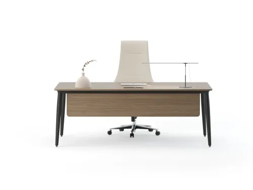 ERA yönetici masası, doğal ahşap yüzeyi ve koyu ayak yapısıyla modern minimal yönetici masası arayan ofisler için sakin ve net bir çalışma zemini sunar.