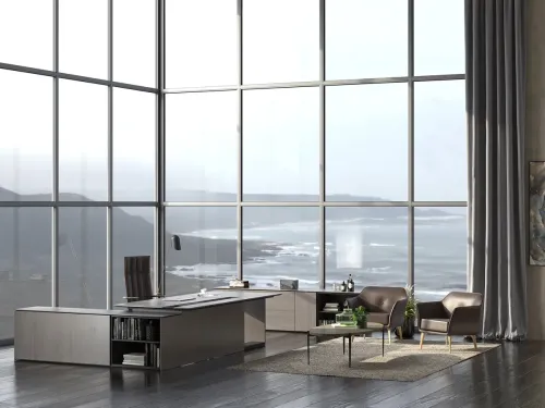 Geniş yüzeyli lider masası, modüler dolaplar, lounge sehpası ve yönetici bekleme koltuklarıyla ETERNITY vizyoner bir ofis atmosferi sunar.