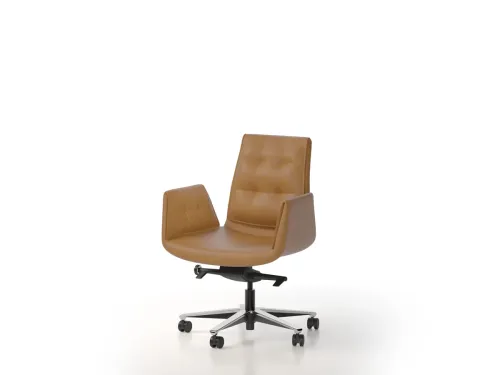 FOLDIT taba tekerlekli ofis sandalyesi, kapitone döşeme dili, alüminyum ayaklı yapısı ve hareketli kullanım formuyla modern çalışma alanlarına uyum sağlar.