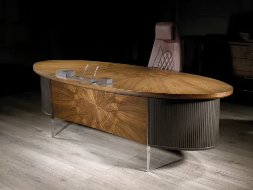 Gaudi VIP makam takımı modern oval ofis takımı, yönetici misafir koltuğu ve sehpa ile tam kurulum. Lamel yüzeyli masa ve ceviz kaplama yönetici masası premium tasarımı.