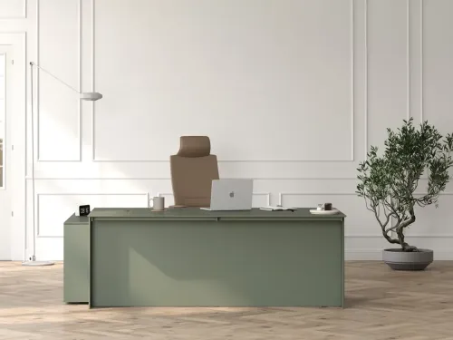 JUST yeşil yönetici masası, net yüzey dili ve minimal formuyla modern VIP makam takımı içinde dingin, yalın ve çağdaş bir çalışma odağı oluşturur.