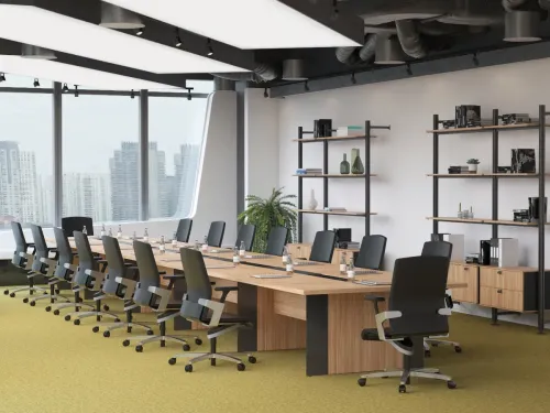 LEVELS ofis toplantı masası, büyük yönetim odalarında açık ahşap yüzey ve antrasit detaylarla güçlü bir kurumsal merkez kurar.