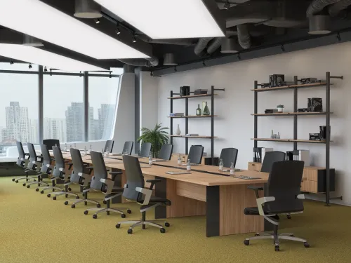 LEVELS ofis toplantı masası, modüler yapısı, açık ahşap etkisi ve antrasit detaylarıyla kurumsal toplantı odalarına dengeli bir görünüm kazandırır.