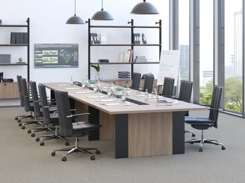 LEVELS toplantı odası masası, açık ahşap tabla ve antrasit sümen detaylarıyla boardroom seviyesinde kontrollü bir temsil dili sunar.