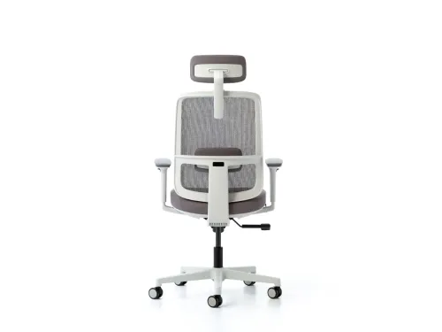 LOOP ofis sandalyesi, başlıklı yapısı, gri fileli sırtı ve açık renk gövdesiyle modern çalışma alanları için dengeli bir ergonomik ofis koltuğu sunar.