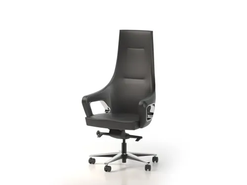 MAGNATE antrasit ergonomik makam koltuğu, suni deri yüzeyi, yüksek sırtlı silueti ve krom detaylı kol formuyla premium yönetici ofisleri için rafine bir görünüm sunar.
