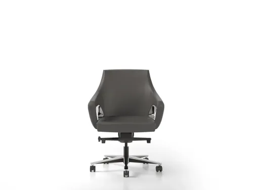 MAGNATE antrasit suni deri ofis koltuğu, sade ön görünümü, ergonomik oturum yapısı ve alüminyum ayaklı tasarımıyla modern ofislerde güçlü ve kontrollü bir duruş oluşturur.