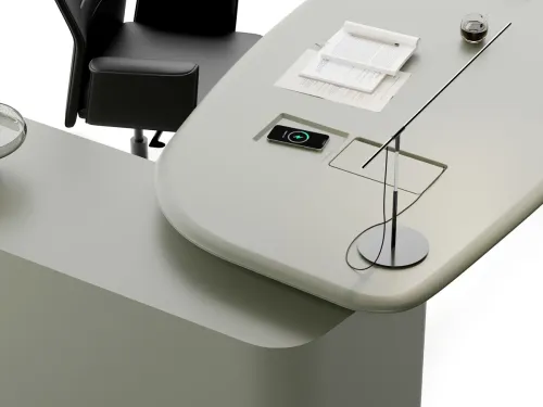 MOON masa yüzeyinde görünen gizli elektrifikasyon ve kablosuz şarj alanı, modern yönetici masasını daha temiz, akıcı ve düzenli bir çalışma zeminine dönüştürür.